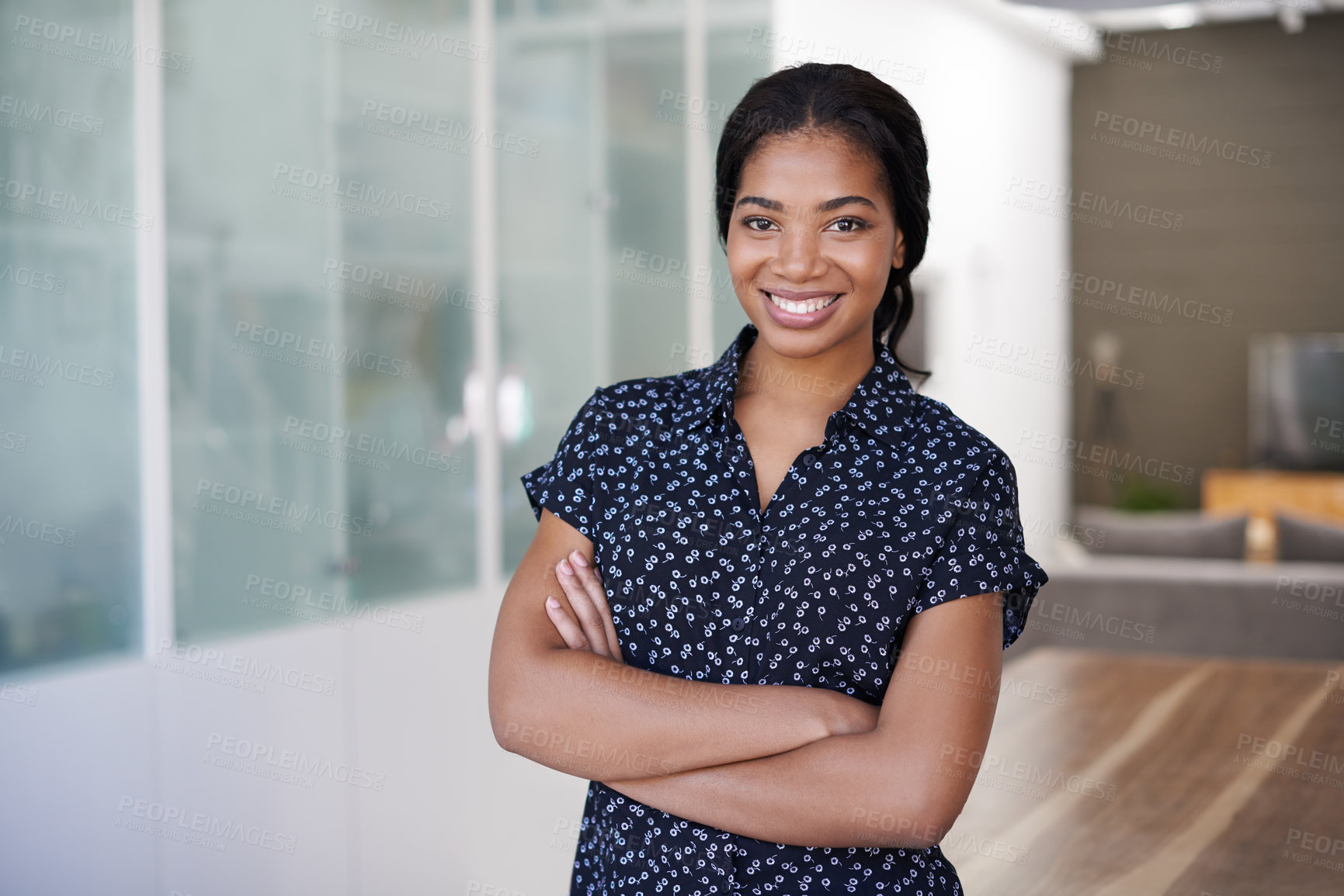 Buy stock photo Confidence, smile and woman in home for remote work, creative career and marketing professional. Portrait, happy female person or freelancer with arms crossed, media planner or advertising with pride
