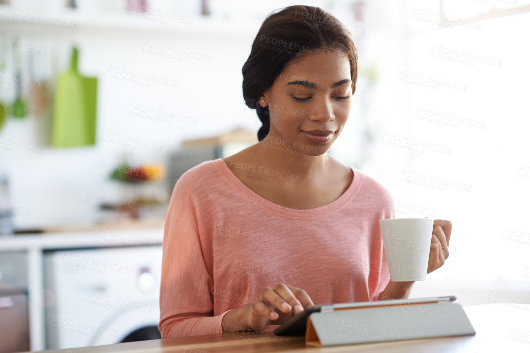 Buy stock photo Tablet, drink and woman in home for online scroll, morning news or start day with internet info. African person, technology and blog reading with website, connectivity or network in house with coffee