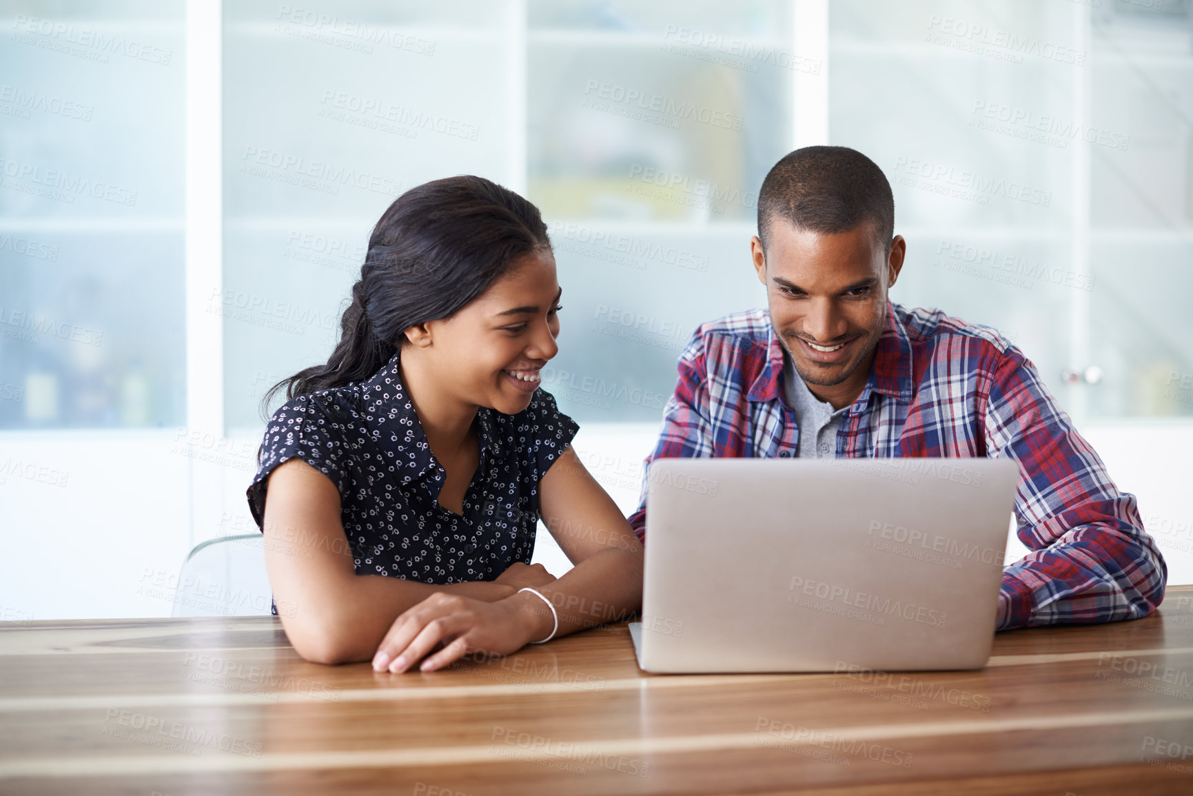 Buy stock photo Travel, laptop or couple in home with plan, trip option or destination decision with booking app. Bonding, happy man or woman at table with tech, vacation review or resort selection with online map.