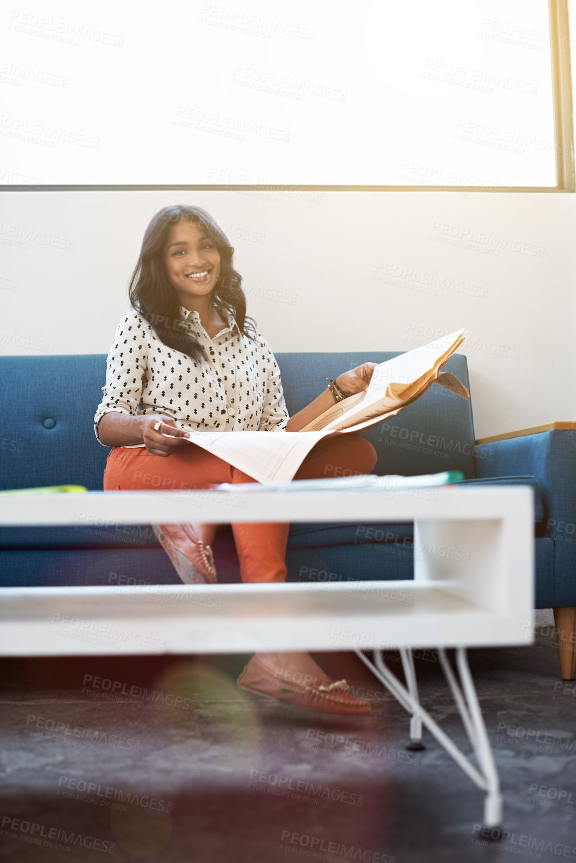 Buy stock photo Portrait, smile and woman with newspaper in office for journalism, publication and creative career. Happy person, business and news article with daily update, current events or headline at lounge