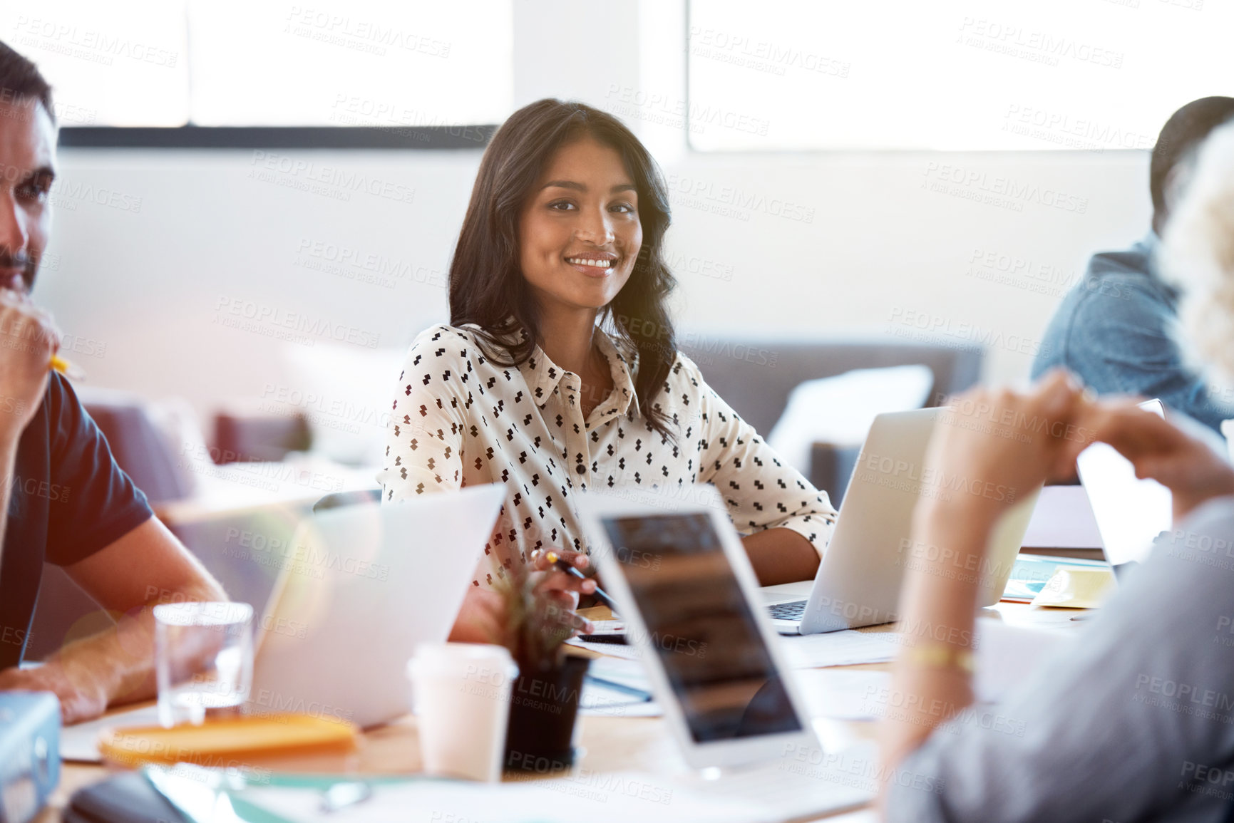 Buy stock photo Creative, smile and woman in meeting with laptop, about us and writer with career ambition. Happy person, portrait and business professional in office, publication intern and growth with startup team