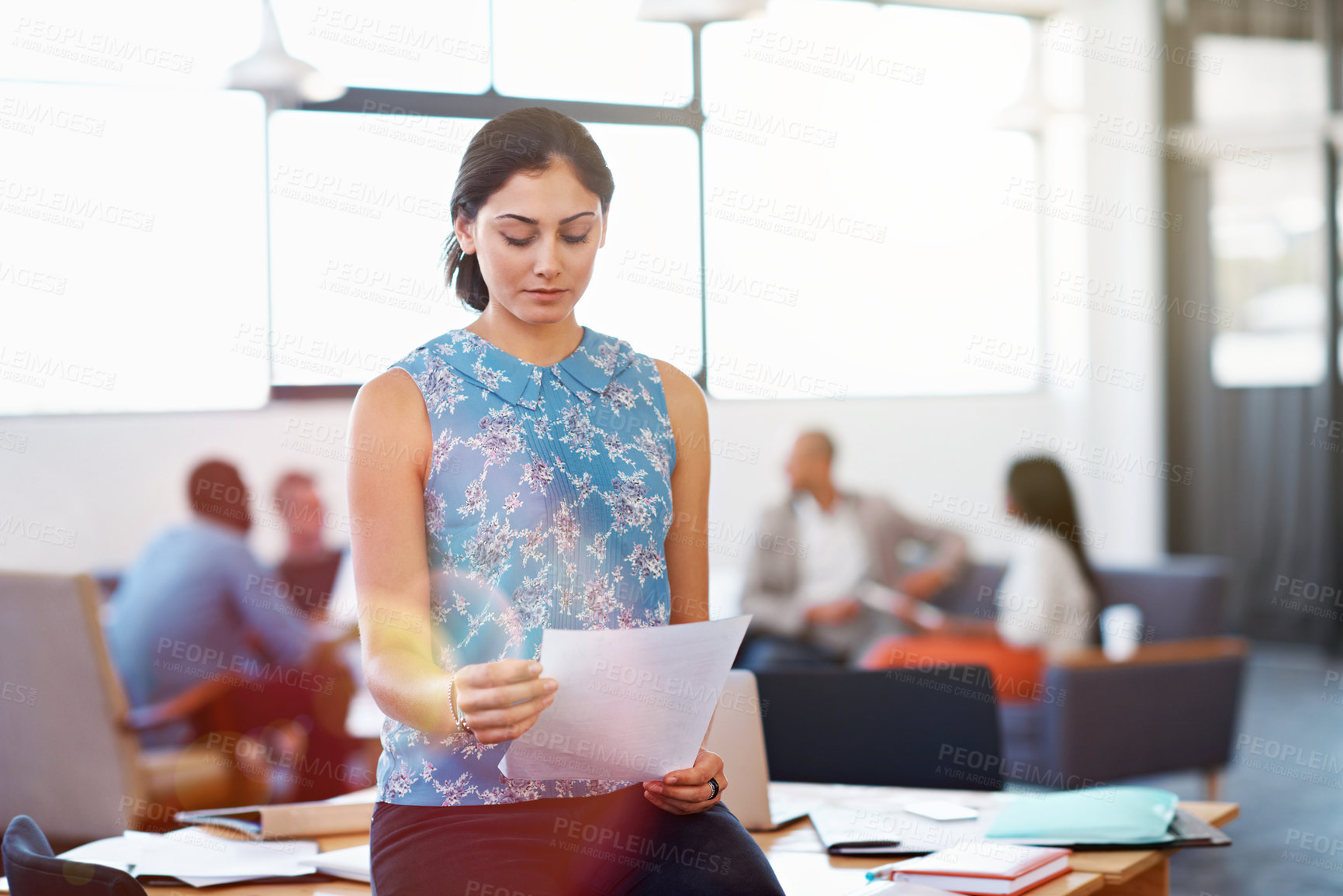 Buy stock photo Woman, creative and document in office with reading, project management and schedule update. PR agent, paperwork and information in agency for campaign planning, survey feedback and business review
