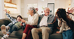 Excited, playing and grandparents with children on sofa for bonding, love and connection for home visit. Family, generations and kids with senior people for relationship, energy and relax on weekend