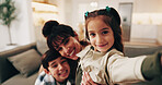 Selfie, happy and portrait of mother with children on sofa in home with bonding, love and relax. Smile, care and mom with kids for photography picture with connection together in living room at house
