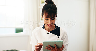 Buy stock photo Caregiver, healthcare and happy woman with tablet in nursing home for medical assistance or help. Female person, health worker or volunteer with smile or technology for schedule, app or rehab program