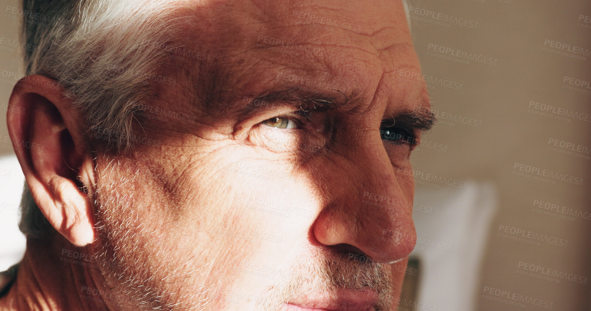 Buy stock photo Senior, man and thinking with sunlight in home for vision, past moment or reflection. Thoughtful, elderly or male person contemplating with sight or ambition in light for idea, memory or nostalgia