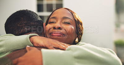 Buy stock photo Smile, hug and couple outdoor at new home with bonding, safety or real estate investment together. Happy, love and black woman embracing man n backyard for care, connection or marriage at house.