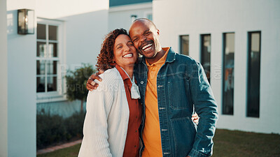 Buy stock photo Laugh, hug and couple with new home, care and support with mature partner for property investment. African man, woman and embrace for real estate, mortgage security or portrait with happiness outdoor