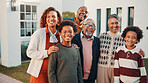 New home, portrait and smile of big family in front yard together for investment or purchase. Boy children, grandparents and parents in garden of apartment for mortgage approval of dream house