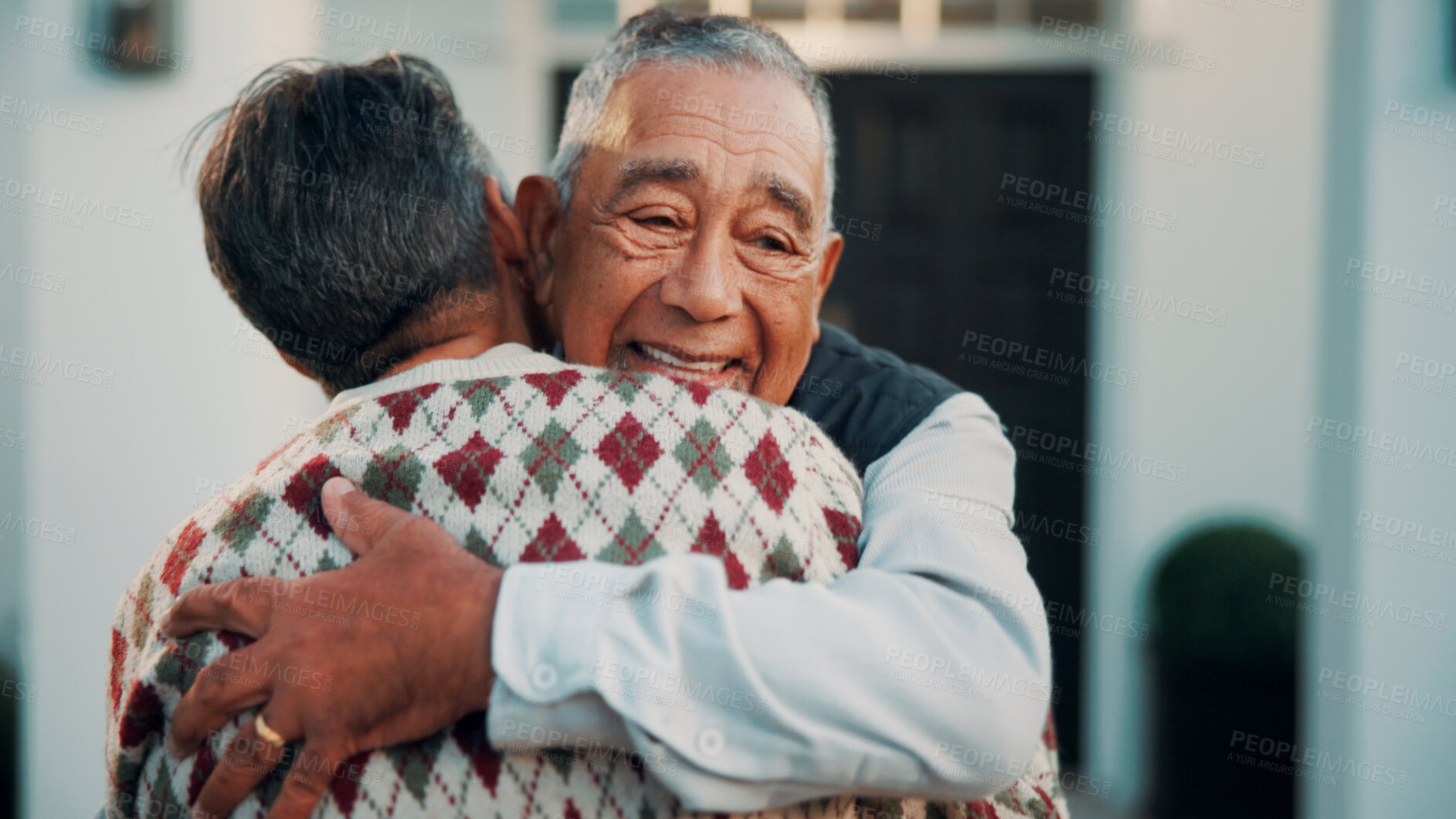 Buy stock photo Happy, hug and senior couple with new home, care and support with property investment. Man, woman and embrace for real estate goal, mortgage security and love with partner in retirement outdoor