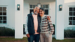 Smile, hug and old couple with new home, care and support with portrait for property investment. Happy man, woman and embrace for real estate, mortgage and laugh with partner in retirement outdoor