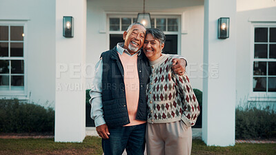 Buy stock photo Smile, hug and old couple with new home, care and support with portrait for property investment. Happy man, woman and embrace for real estate, mortgage and laugh with partner in retirement outdoor