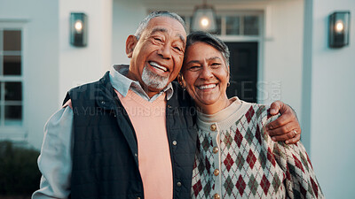 Buy stock photo Smile, hug and old couple with new home, love and support with portrait for property investment. Happy man, woman and embrace for real estate, mortgage and laugh with partner in retirement outdoor