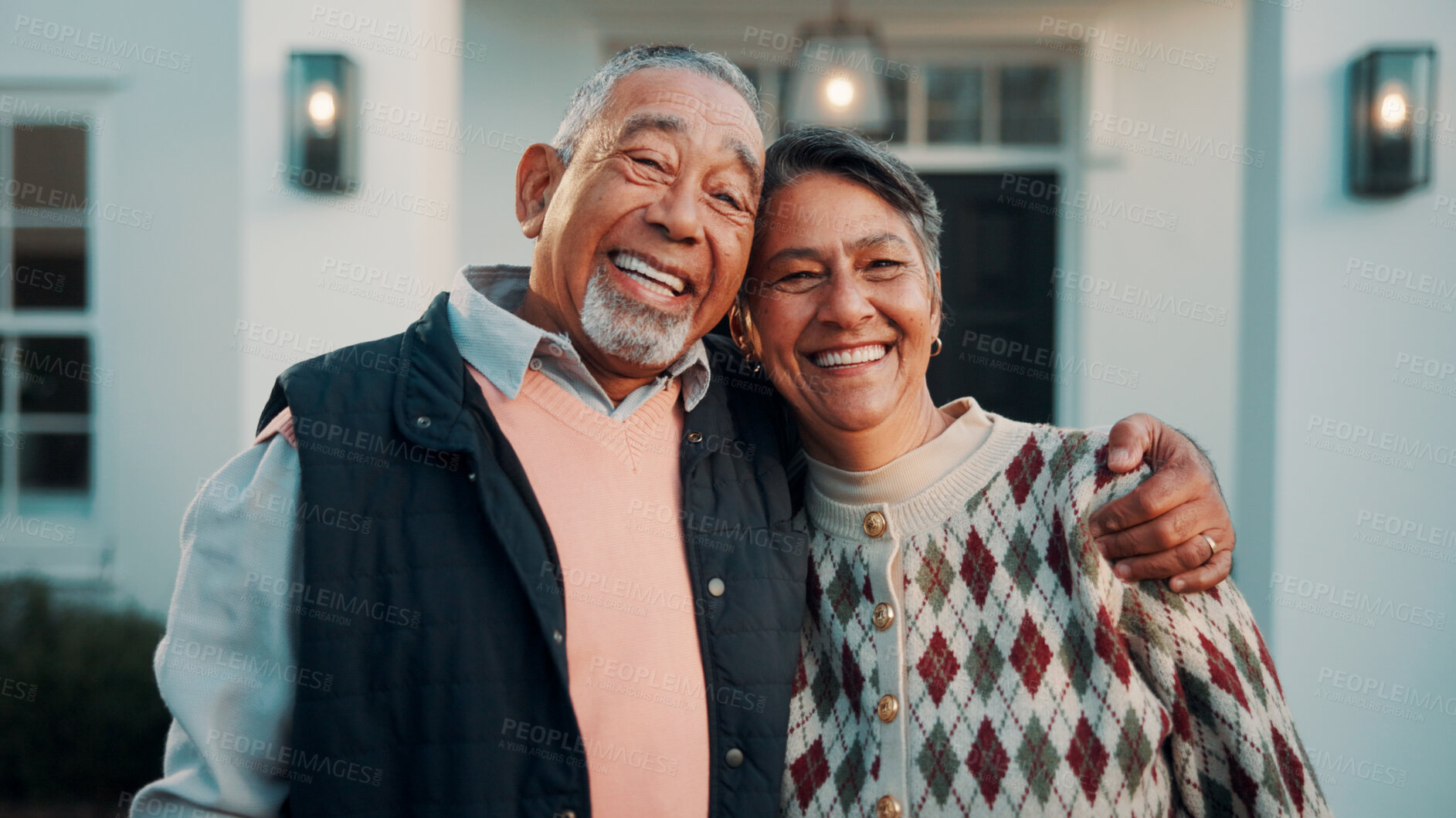 Buy stock photo Smile, hug and old couple with new home, love and support with portrait for property investment. Happy man, woman and embrace for real estate, mortgage and laugh with partner in retirement outdoor