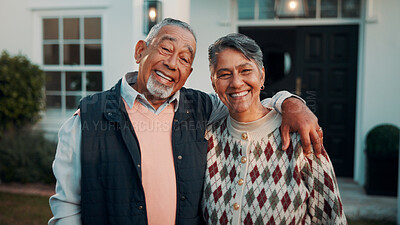 Buy stock photo Portrait, hug and senior couple with new home, care and support with property investment. Happy man, woman and embrace for real estate, mortgage security and love with partner in retirement outdoor
