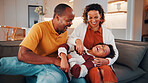 Parents, laugh and tickle child in home with family bonding together, love or humor on weekend break. Happy African people, mother and father play on sofa with son, care or funny joke for connection.