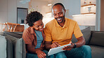 Happy, father and child in home with tablet, reading email and school report for education. Smile, black family and kid at house with digital app, academic performance and exam results for elearning