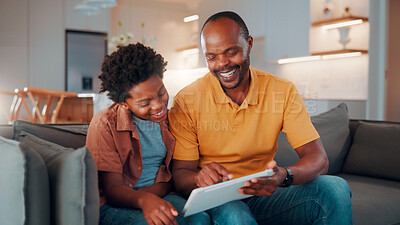 Buy stock photo Happy, father and child in home with tablet, reading email and school report for education. Smile, black family and kid at house with digital app, academic performance and exam results for elearning