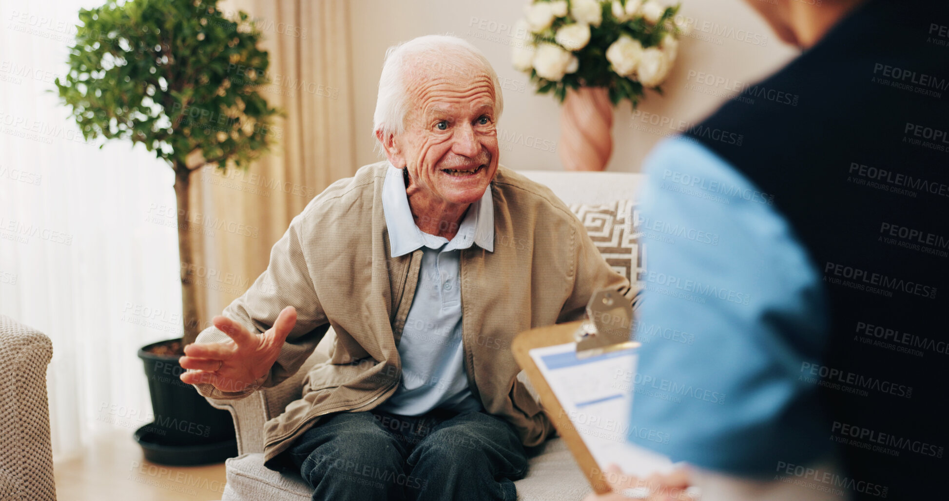 Buy stock photo Senior, nurse or happy man with health checkup for consultation, assisted living or therapy in home. Male person, healthcare worker or medical exam for elderly care, help or diagnosis in house