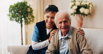 Portrait, nurse and senior man with hug in house for assisted living, healthcare or retirement. Happy woman, patient or smile with love for health, wellness or elderly care together in nursing home