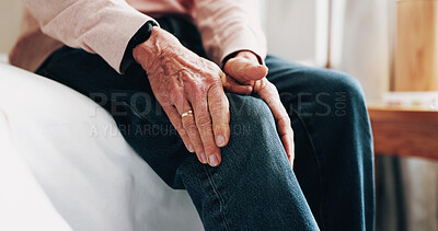 Buy stock photo Elderly, hands and bed with knee pain in home for muscle tension, injury or joint inflammation. Senior, sore leg or discomfort with stiffness in bedroom for fibromyalgia, strain or pressure in house