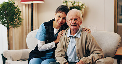 Buy stock photo Happy, portrait and nurse with senior man on sofa in home for medical assistance, help or checkup. Smile, hug and caregiver with elderly patient in retirement for consultation in living room at house