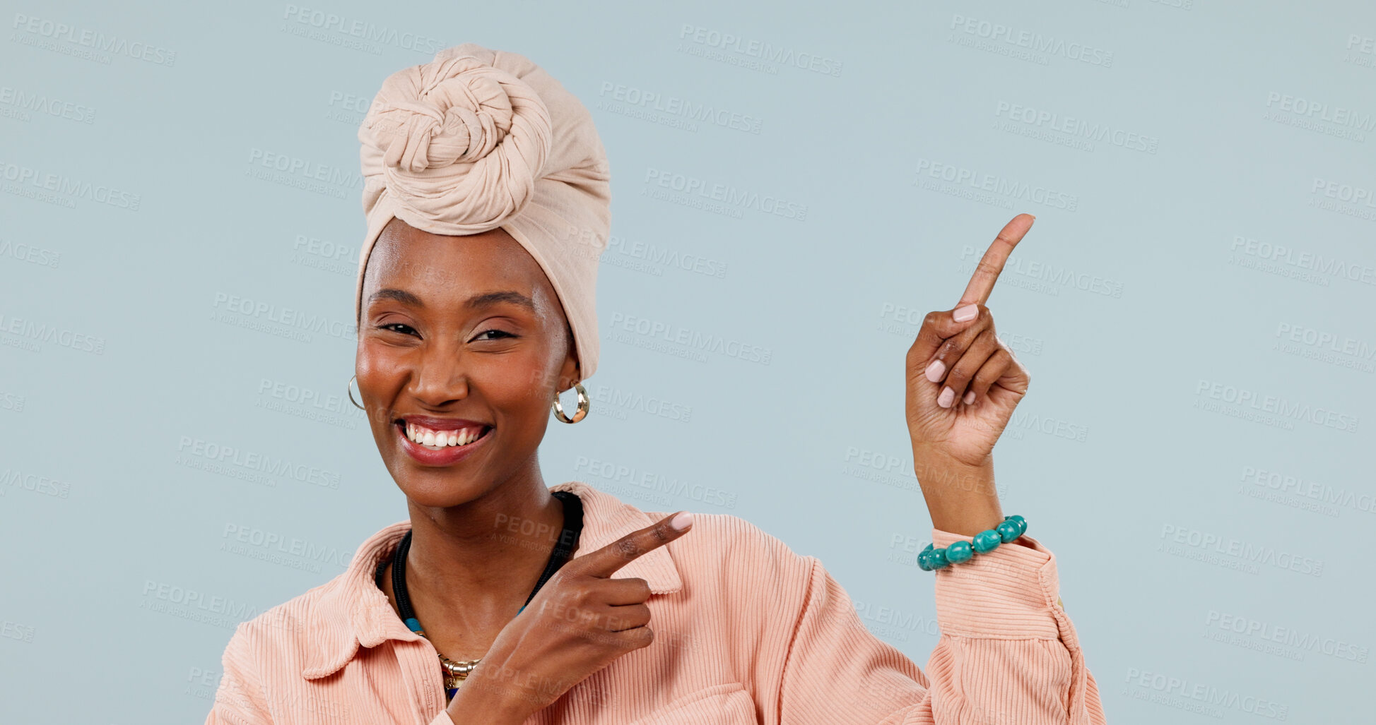 Buy stock photo Portrait, promotion and woman with smile, point and advertising options for discount deal in studio. White background, space and black person with recommendation, happy and presentation with gesture