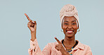 Portrait, presentation and woman with smile, point or advertising option for discount deal in studio. White background, space and black person with recommendation, happy and promotion with gesture
