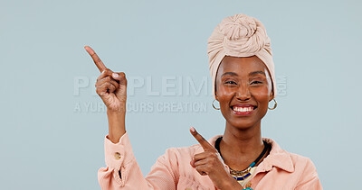 Buy stock photo Portrait, presentation and woman with smile, point or advertising option for discount deal in studio. White background, space and black person with recommendation, happy and promotion with gesture