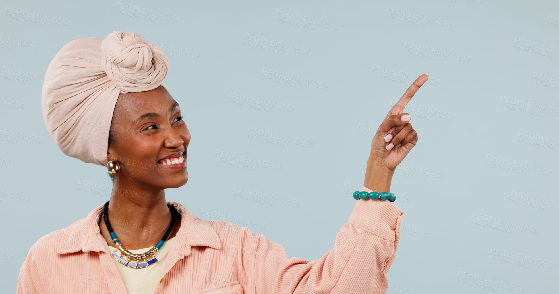 Buy stock photo Studio, promotion and woman with smile, pointing and advertising options for discount deal or offer. White background, space and black person with recommendation, happy and presentation with gesture