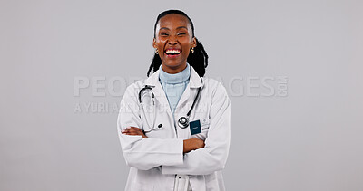 Buy stock photo Laugh, doctor and portrait of woman in studio for medical service, health support and mockup. Crossed arms, happy and African person with space for career, medicare and healthcare on white background