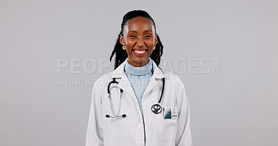 Buy stock photo Happy, doctor and portrait of woman in studio for medical service, health support and mockup. Healthcare, space and African person with confidence for career, medicare or wellness on white background