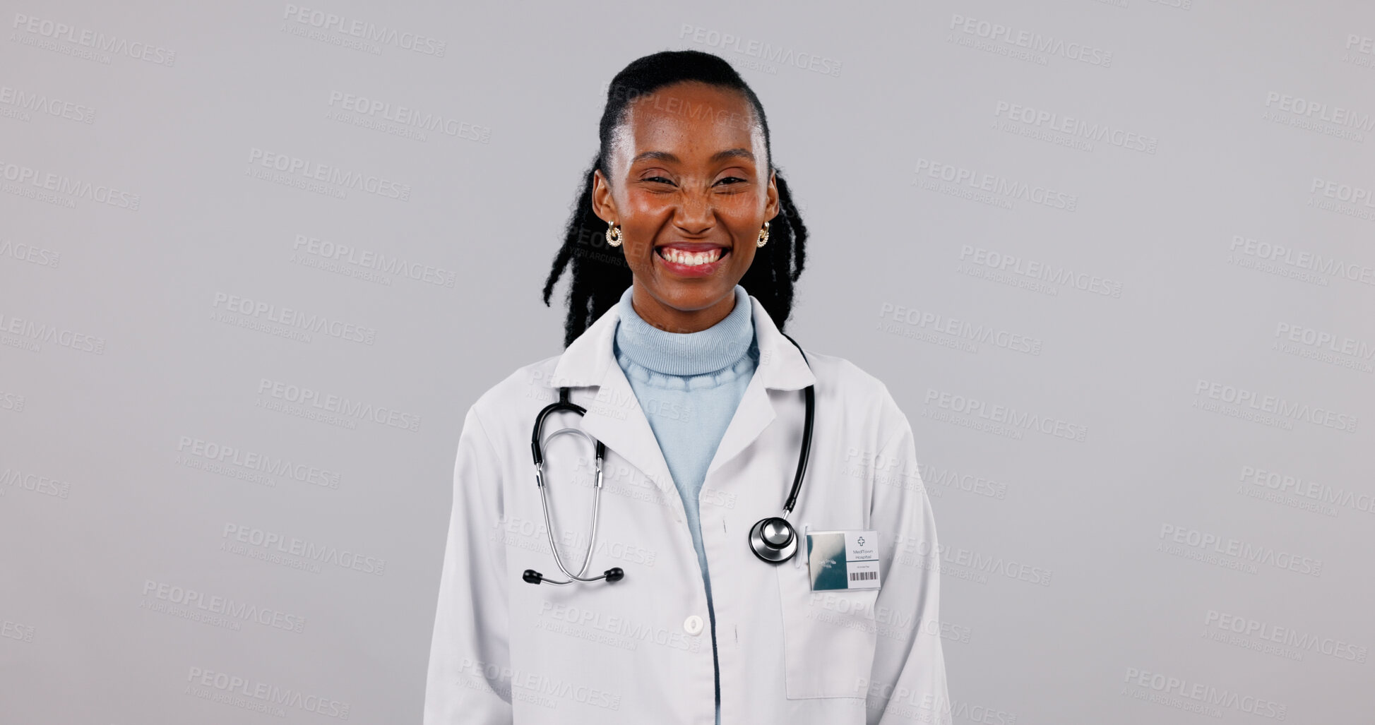 Buy stock photo Happy, doctor and portrait of woman in studio for medical service, health support and mockup. Healthcare, space and African person with confidence for career, medicare or wellness on white background