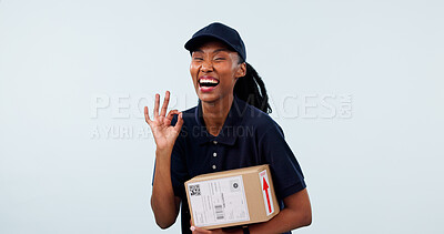 Buy stock photo Box, black woman and portrait of logistics worker in studio by space for distribution, delivery or cargo. Happy, package and courier with great hand gesture for cardboard parcel on white background.