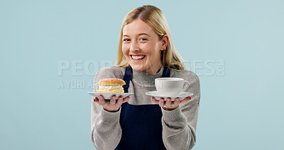 Buy stock photo Waitress, order and portrait of woman in studio for hospitality, dessert offer and cafe treat. Coffee shop barista, cake presentation and customer service with happy person on blue background space