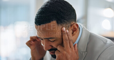 Buy stock photo Headache, stress and tired with business man in office for deadline pressure, crisis and tension. Fatigue, mental health and error with male person in agency for migraine, worry and burnout risk