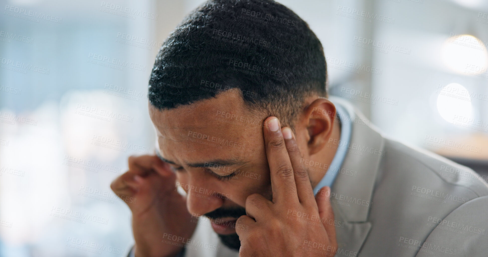 Buy stock photo Headache, stress and tired with business man in office for deadline pressure, crisis and tension. Fatigue, mental health and error with male person in agency for migraine, worry and burnout risk