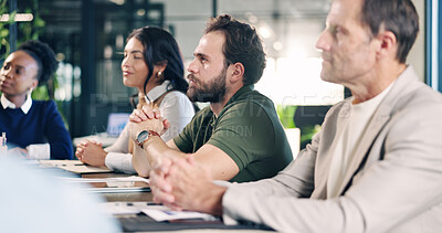 Buy stock photo Workshop, listening and business people in meeting for planning, sustainable project and strategy. Team, green office and workers with feedback, finance review and paperwork for eco friendly campaign