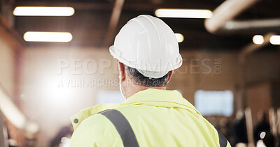 Buy stock photo Carpenter, supervisor and man with helmet in workshop, back and inspection for furniture production. Woodworking, quality assurance and person with hard hat, manufacturing and project in warehouse