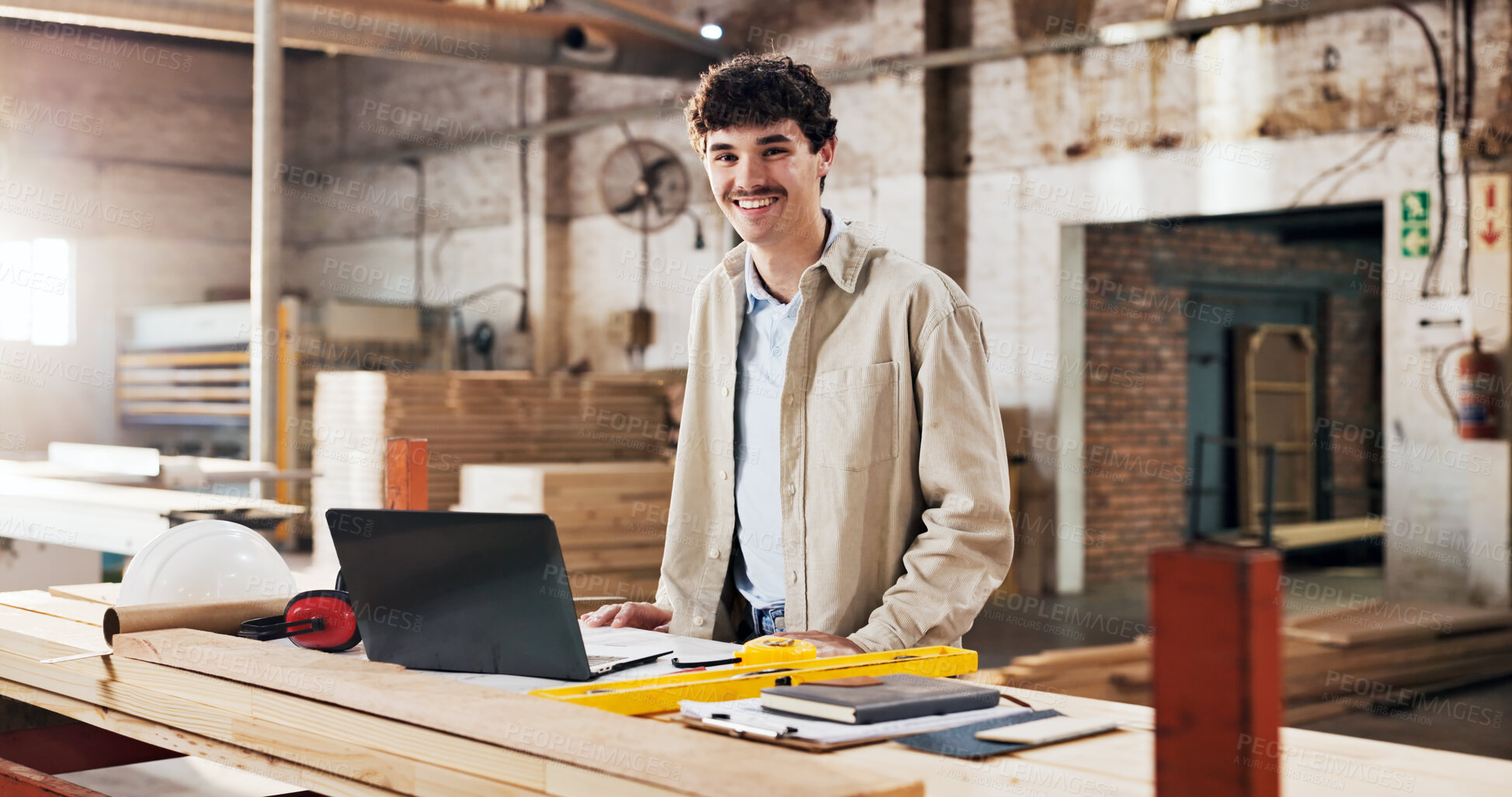Buy stock photo Happy, man and portrait of carpenter in workshop with confidence for furniture manufacturing. Smile, industry artisan and woodworker with pride for timber production with about us in factory.
