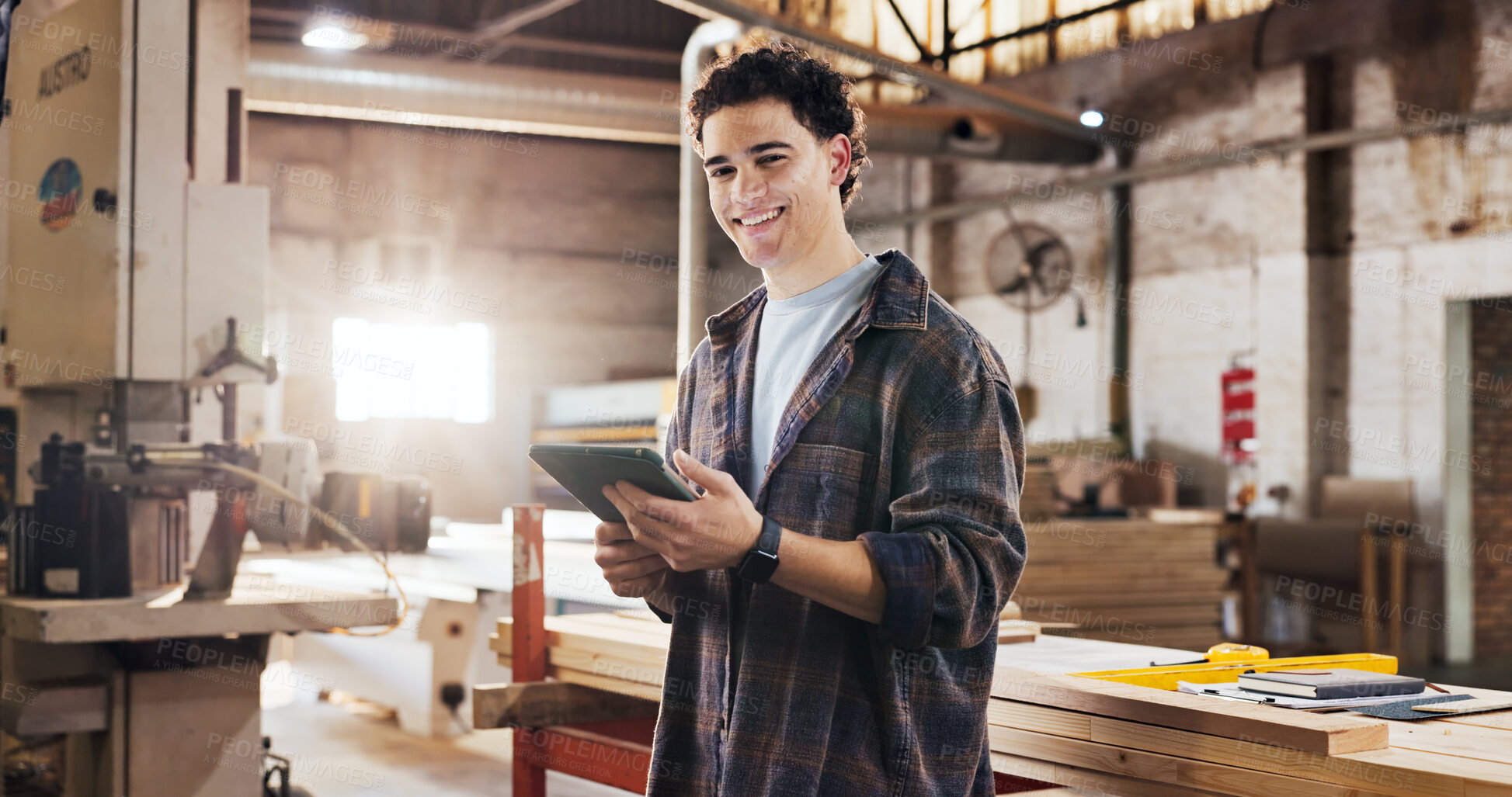 Buy stock photo Tablet, man and portrait of woodworker in workshop with confidence for furniture manufacturing. Happy, artisan and carpenter with digital technology for timber production with research in factory.