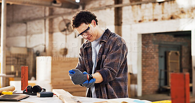 Buy stock photo Carpentry, workshop and man with wrist pain for accident, woodworking injury and carpal tunnel. Carpenter, warehouse and person with strain, inflammation and hurt for pressure, overworked and stress