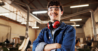 Buy stock photo Carpentry, portrait or man in warehouse with arms crossed, craftsman or pride in furniture business. Happy, ppe or carpenter in factory with confidence, woodworking or about us as lumber contractor.