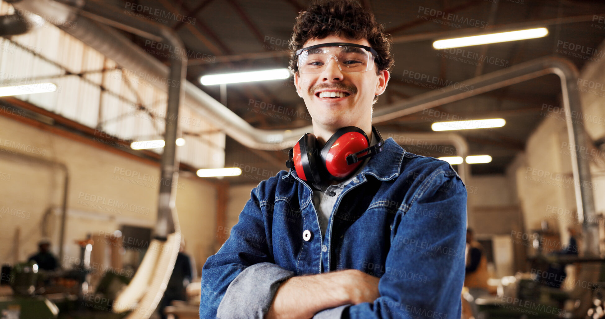 Buy stock photo Carpentry, portrait or man in warehouse with arms crossed, craftsman or pride in furniture business. Happy, ppe or carpenter in factory with confidence, woodworking or about us as lumber contractor.