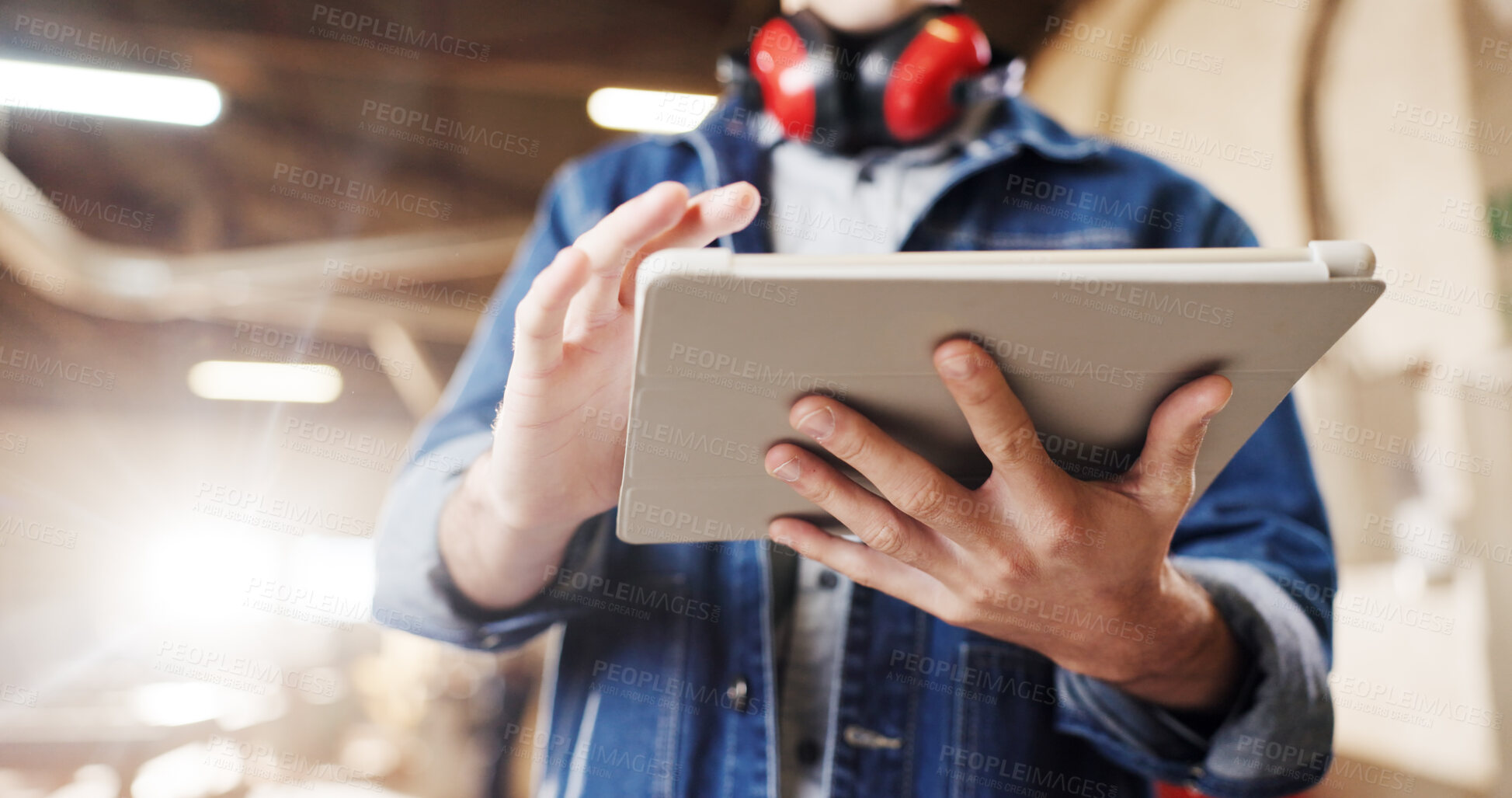 Buy stock photo Carpentry, review or hands in factory with tablet, order brief or stock control in furniture production. Flare, man or artisan with tech, delivery checklist or inventory management in woodworking.
