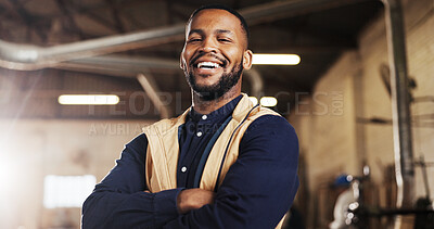 Buy stock photo Carpentry, portrait or black man in warehouse with arms crossed, craftsman or pride in furniture business. Happy, ambition or carpenter with confidence, woodworking or about us as lumber contractor.