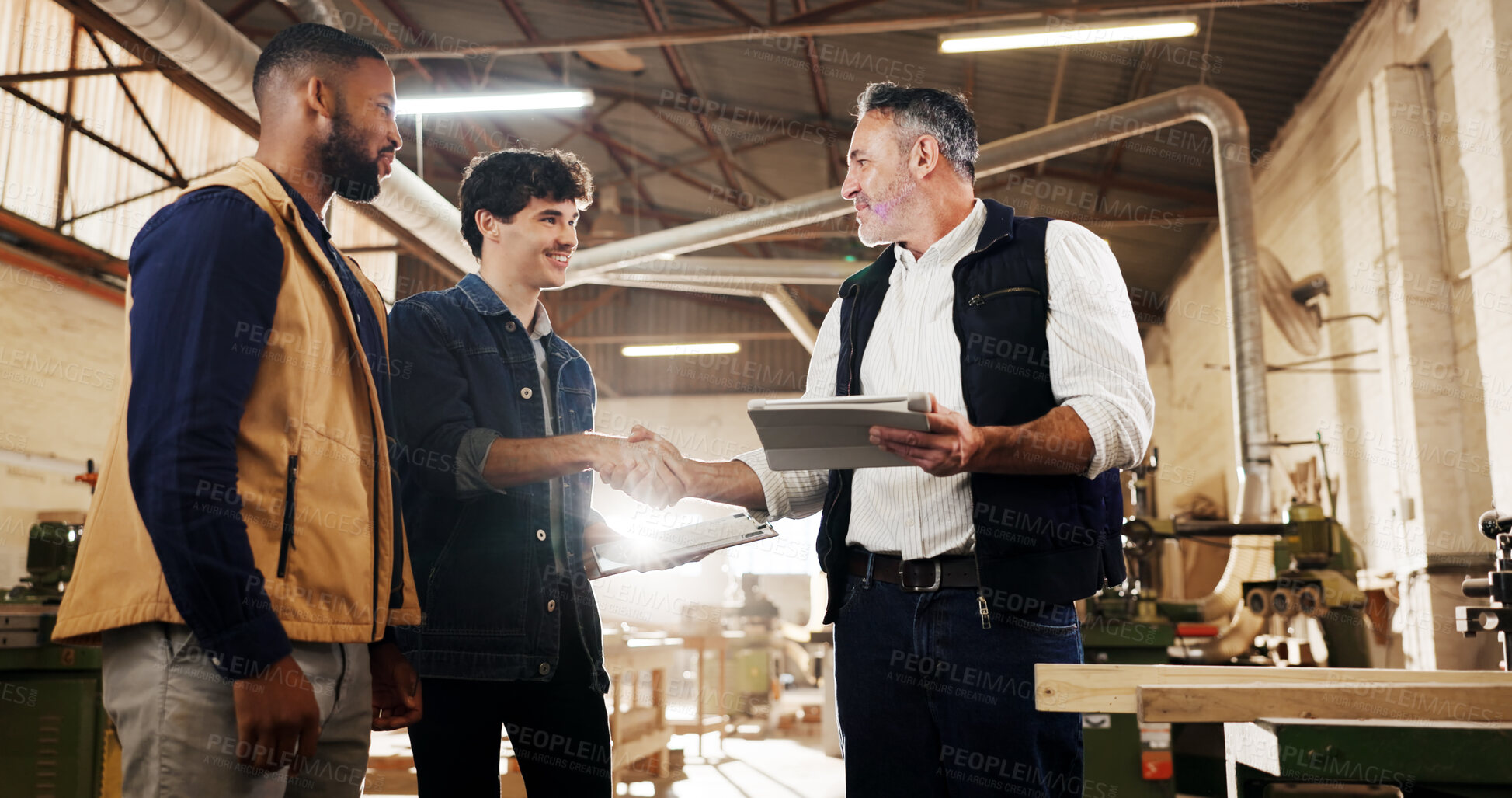 Buy stock photo Tablet, checklist and men handshake in carpentry for inspection pass, compliance or happy. Tech, inspectors or carpenter shaking hands for risk assessment, production or safety clearance in warehouse