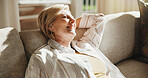 Thinking, relax and senior woman in home for retirement, calm and break for daydream on couch. Pensioner, reflection and happy elderly person with smile for weekend, wellness and wonder in apartment