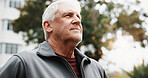 Thinking, outdoor and senior man with reflection, fresh air and thoughtful for mental wellness. Retirement, nature and person with nostalgia, positivity or memory for peace, calm and relax in morning