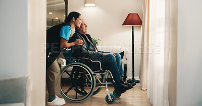 Buy stock photo Caregiver, support and old man by window with wheelchair, healthcare and smile for assisted living. Happy, nurse and senior person with disability, medical help and rehabilitation in retirement home.